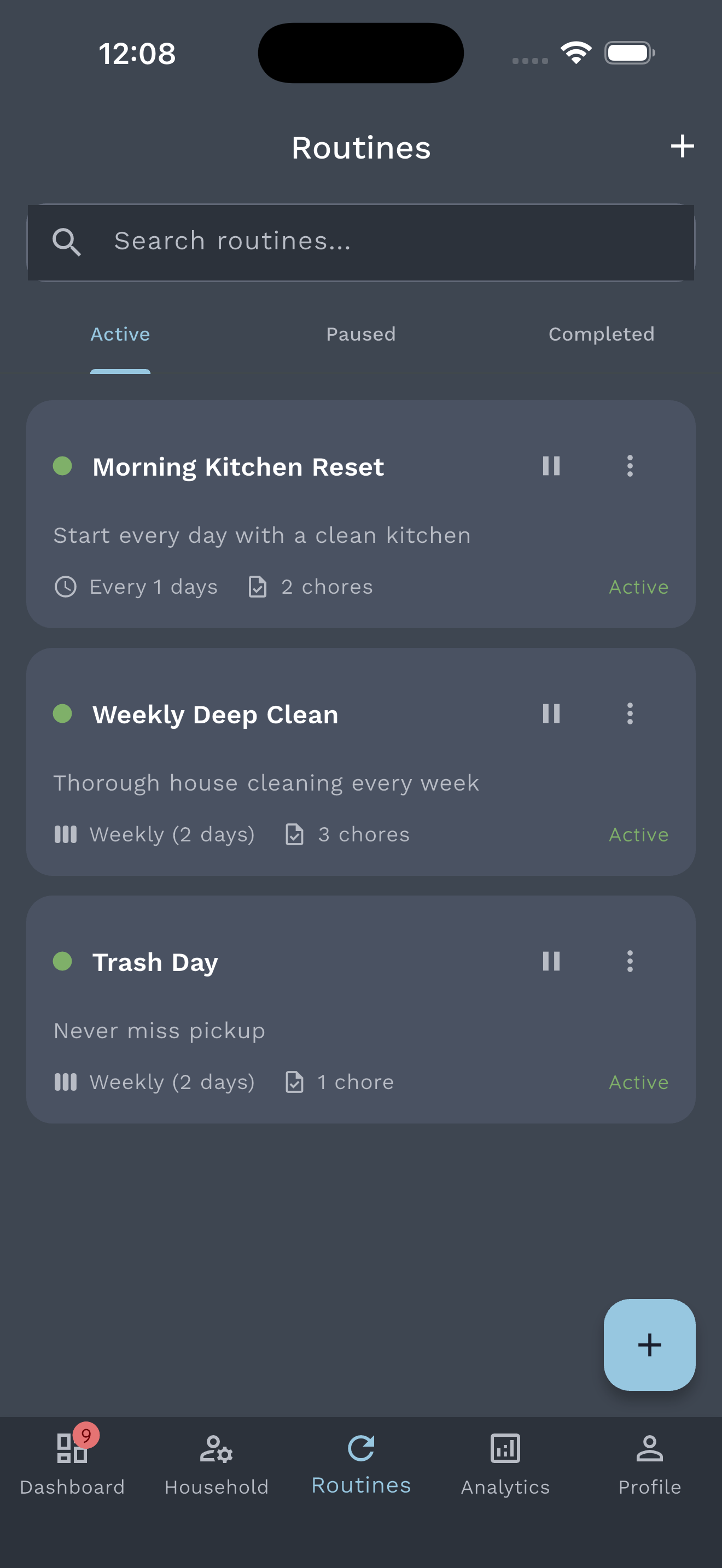 Routines view in dark mode